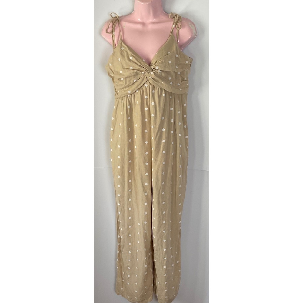 Old Navy Womens Large Tan Polka Dot Linen Blend Twist Front Wide Leg Jumpsuit
